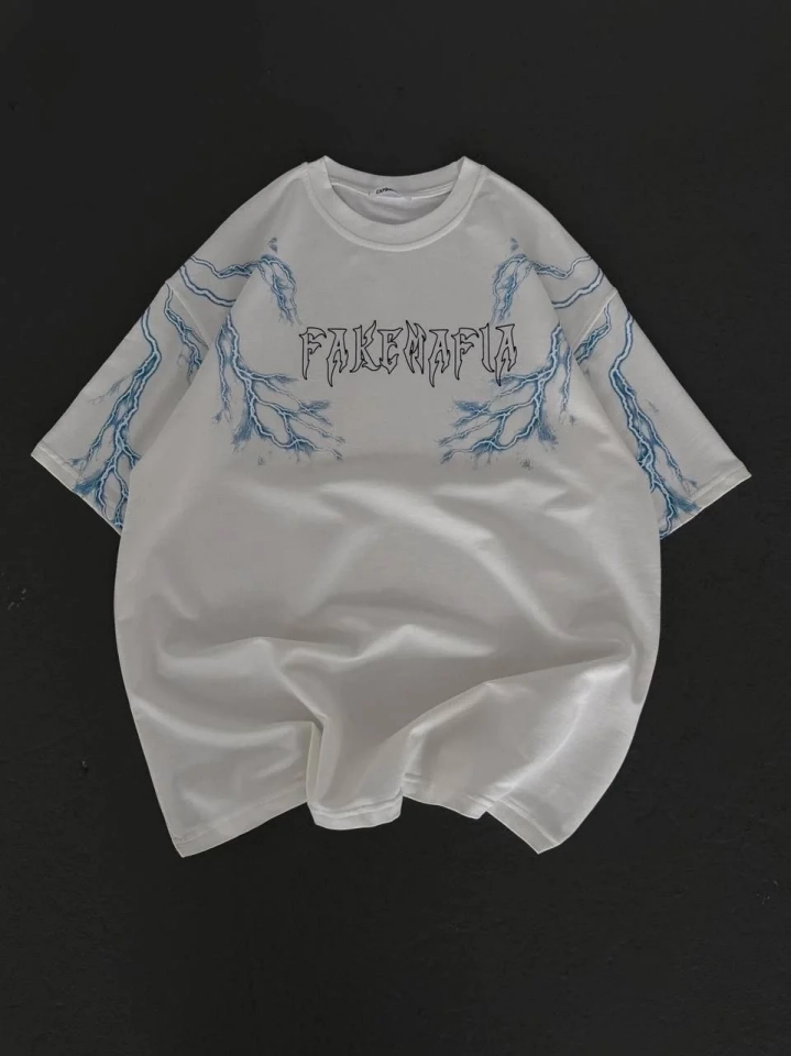 Erkek Bisiklet Yaka Tişört Yıldırım Şimşek Baskılı Kısa Kol T-Shirt - Beyaz