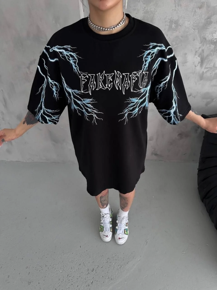 Kadın Bisiklet Yaka Baskılı  Kısa kol Oversize T-Shirt - Siyah