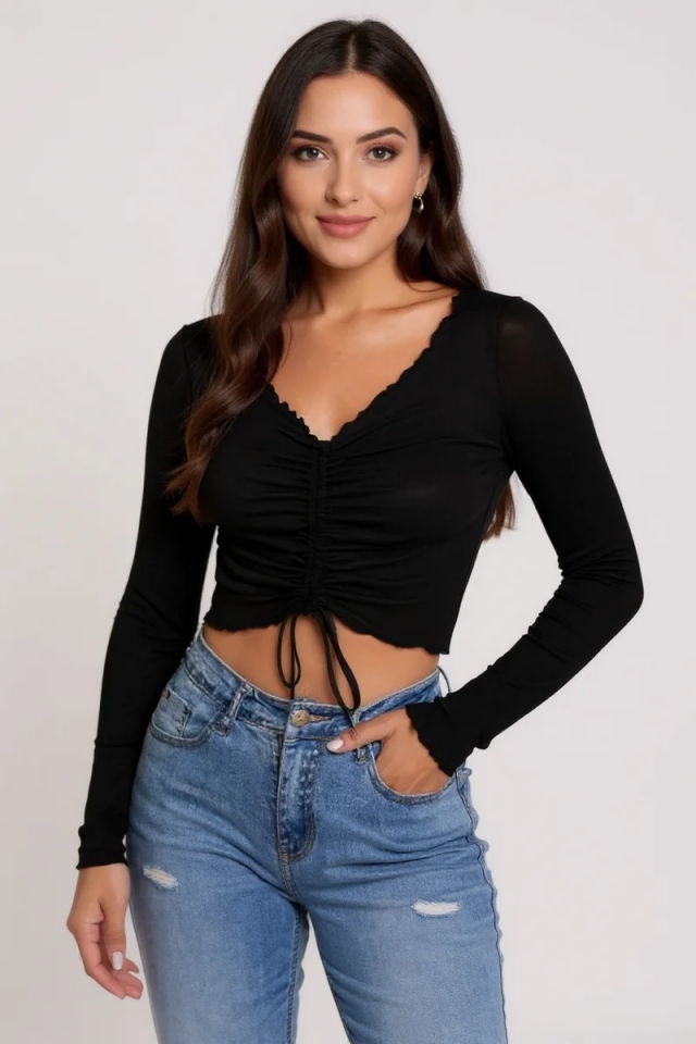 Kadın Siyah Uzun Kollu Büzdürme Bağcık Detaylı Crop Top Bluz – Şık, Rahat ve Kolay Kombinlenebilir