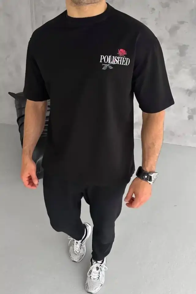 Erkek Kısa Kol Yazlık Tişört Bisiklet Yaka Baskılı Oversize T-Shirt - Siyah