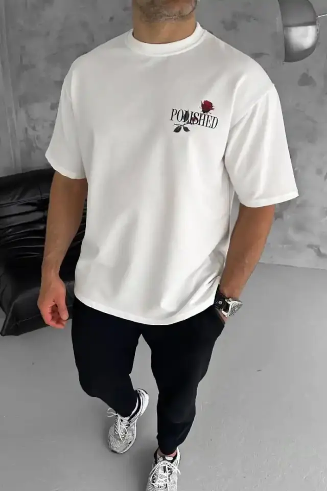 Erkek Kısa Kol Yazlık Tişört Bisiklet Yaka Baskılı Oversize T-Shirt - Beyaz