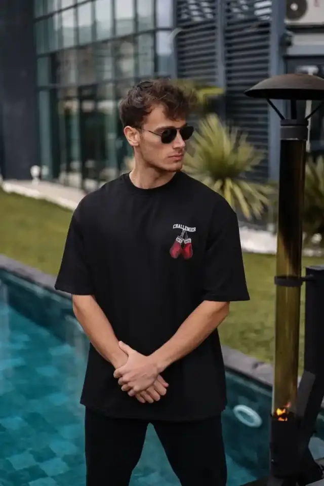 Erkek Kısa Kol Tişört Bisiklet Yaka Box Eldiven Baskılı T-Shirt -  Siyah