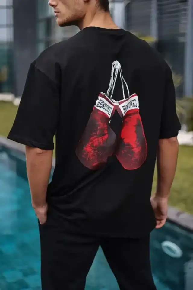 Erkek Kısa Kol Tişört Bisiklet Yaka Box Eldiven Baskılı T-Shirt -  Siyah