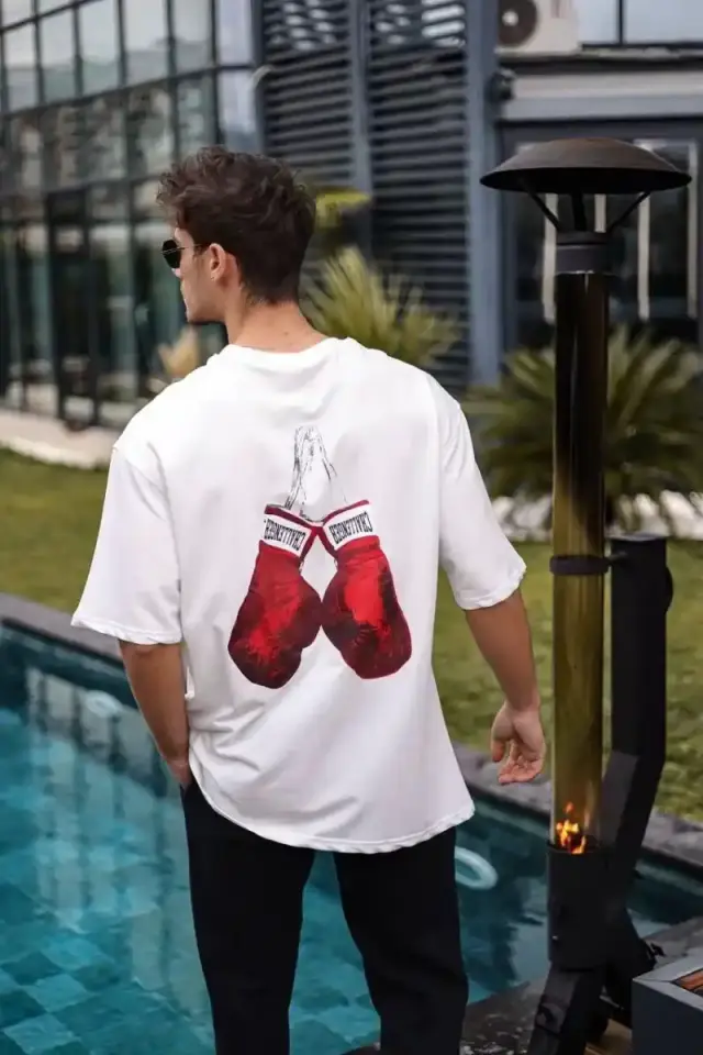 Erkek Kısa Kol Tişört Bisiklet Yaka Boxy Eldiven Baskılı T-Shirt - Beyaz