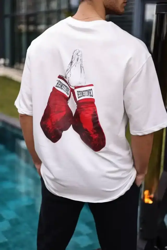 Erkek Kısa Kol Tişört Bisiklet Yaka Boxy Eldiven Baskılı T-Shirt - Beyaz