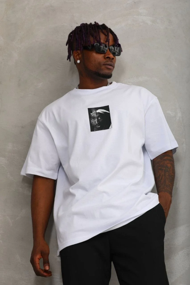 Erkek Kısa Kol Yazlık Tişört Bisiklet Yaka Baskılı Oversize T-Shirt - Beyaz