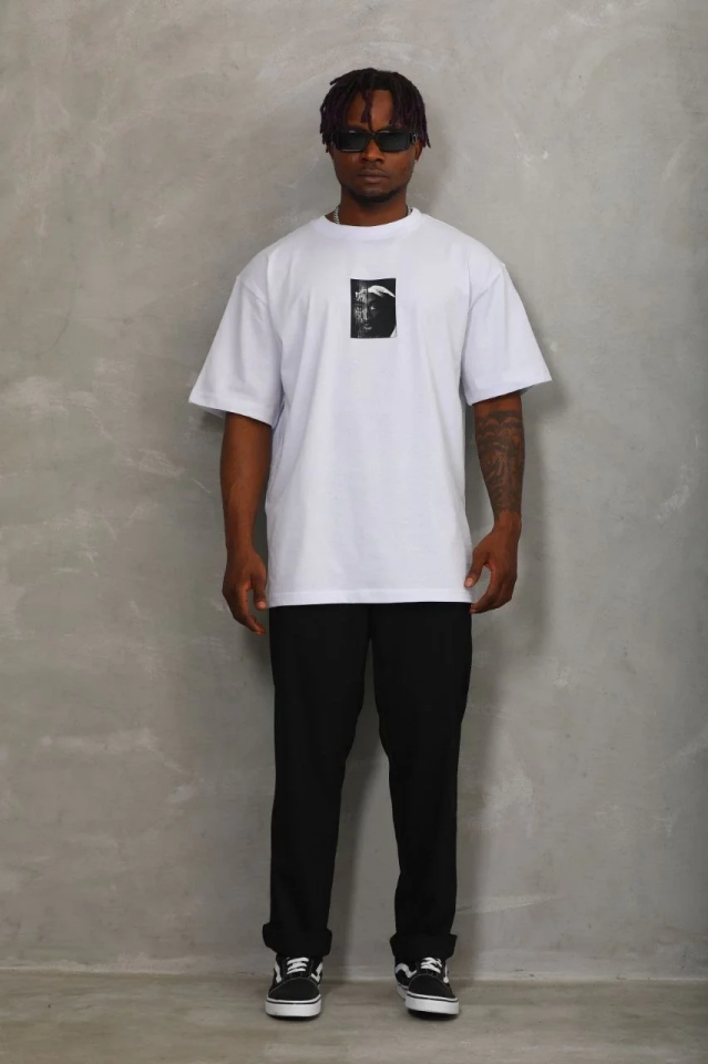 Erkek Kısa Kol Yazlık Tişört Bisiklet Yaka Baskılı Oversize T-Shirt - Beyaz