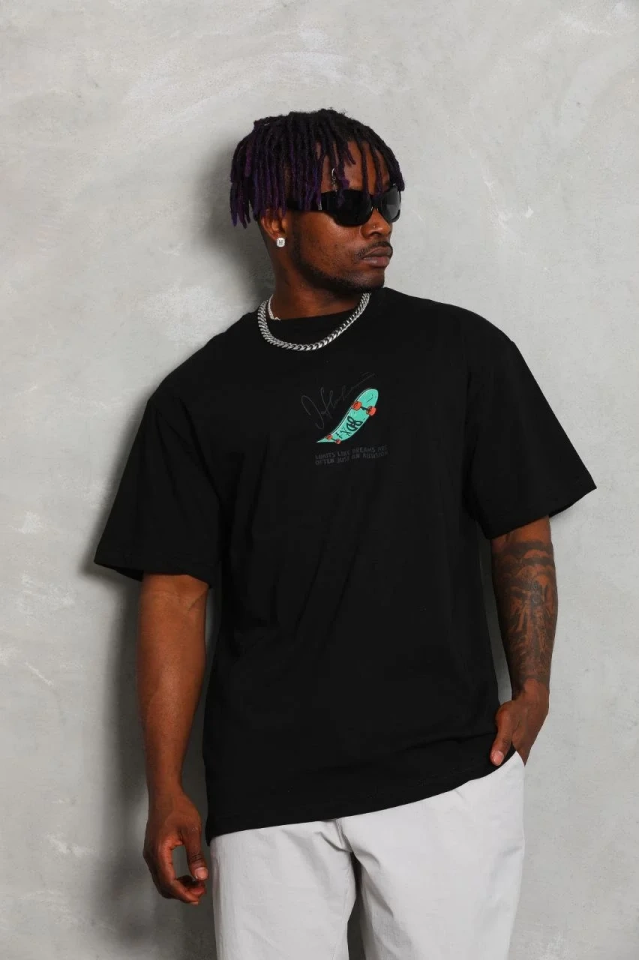 Erkek Baskılı T-Shirt Kısa Kol Bisiklet Yaka Rahat Kalıp Tişört - Siyah