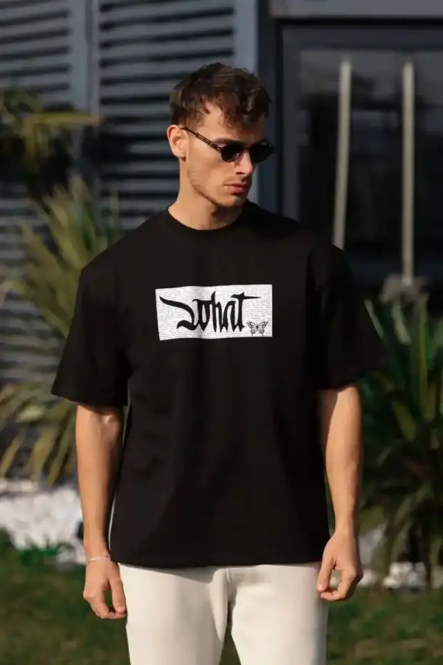 Erkek Kısa Kol Yazlık Tişört Bisiklet Yaka Baskılı Oversize T-Shirt - Siyah