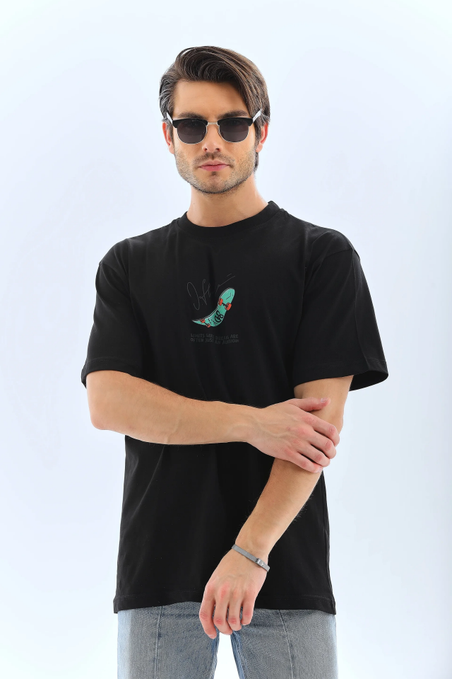 Erkek Kısa Kol Yazlık Tişört Bisiklet Yaka Baskılı Oversize T-Shirt - Siyah