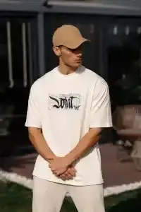 Erkek Kısa Kol Yazlık Tişört Bisiklet Yaka Baskılı Oversize T-Shirt - Beyaz