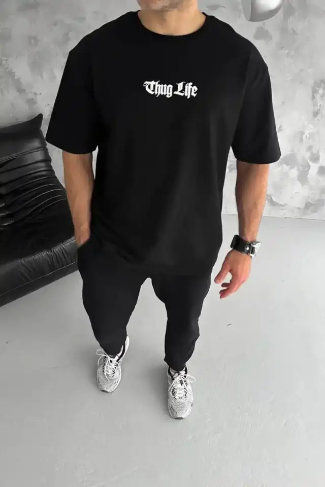 Erkek Kısa Kol Yazlık Tişört Bisiklet Yaka Baskılı Oversize T-Shirt - Siyah