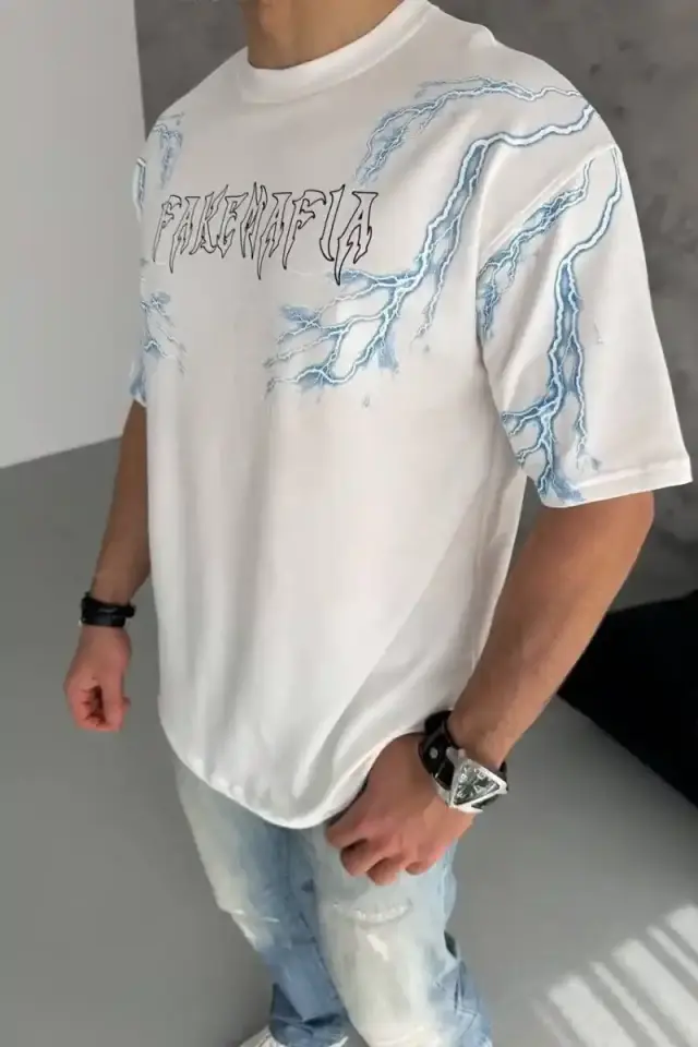 Erkek Bisiklet Yaka Yıldırım Baskılı  Kısa kol T-Shirt - Beyaz