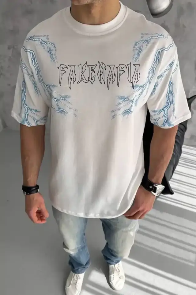 Erkek Bisiklet Yaka Yıldırım Baskılı  Kısa kol T-Shirt - Beyaz