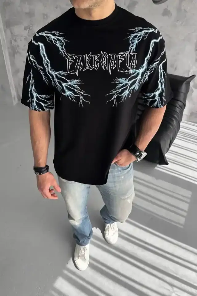 ERKEK Bisiklet Yaka Yıldırım Baskılı  Kısa kol T-Shirt-Siyah