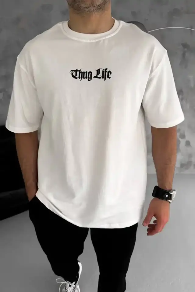 Erkek Kısa Kol Yazlık Tişört Bisiklet Yaka Baskılı Oversize T-Shirt - Beyaz