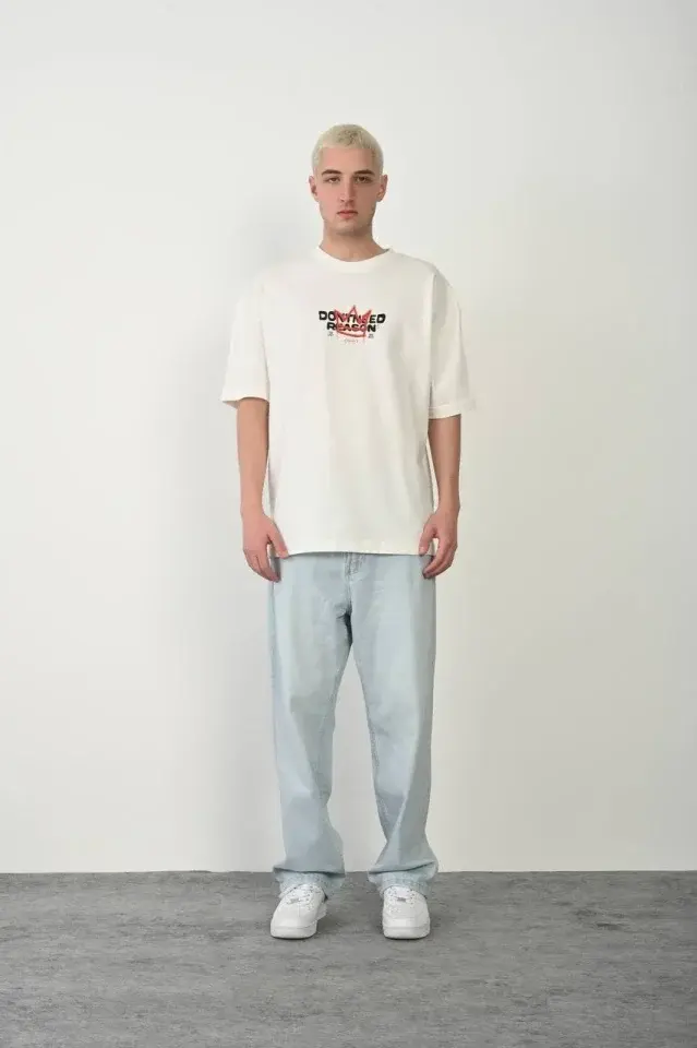 Unisex Bisiklet Yaka Baskılı Oversize T-Shirt - Beyaz