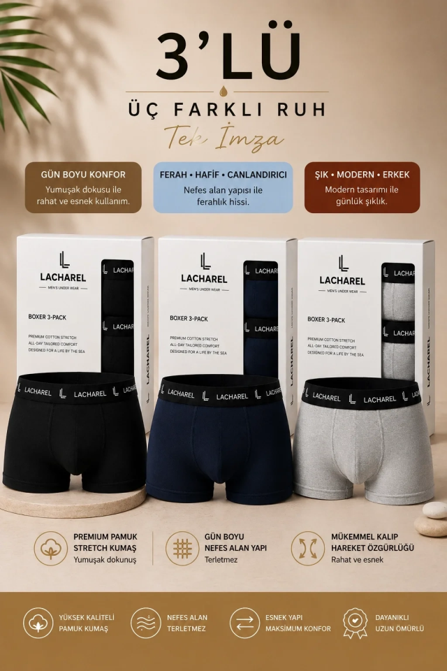 Erkek Likralı Pamuklu Nefes Alan Penye Boxer3'Lü Paket - Siyah & Gri & Lacivert
