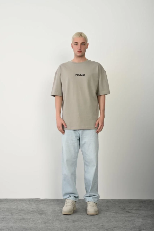 Erkek Baskılı T-Shirt Kısa Kol Bisiklet Yaka Rahat Kalıp Tişört - Boyalı Gri