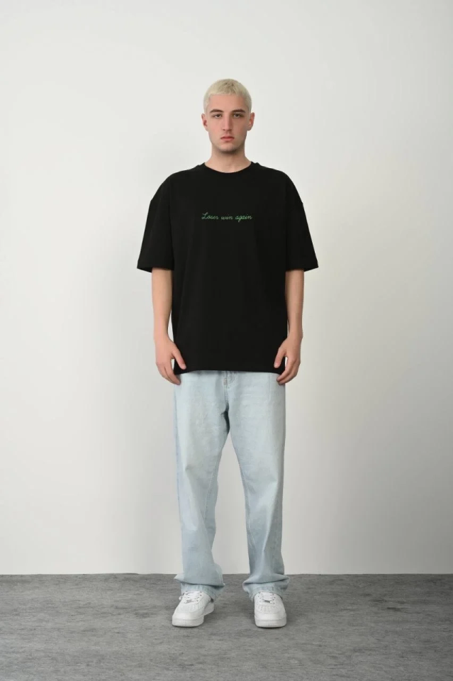 Erkek Baskılı T-Shirt Kısa Kol Bisiklet Yaka Rahat Kalıp Tişört  - Siyah