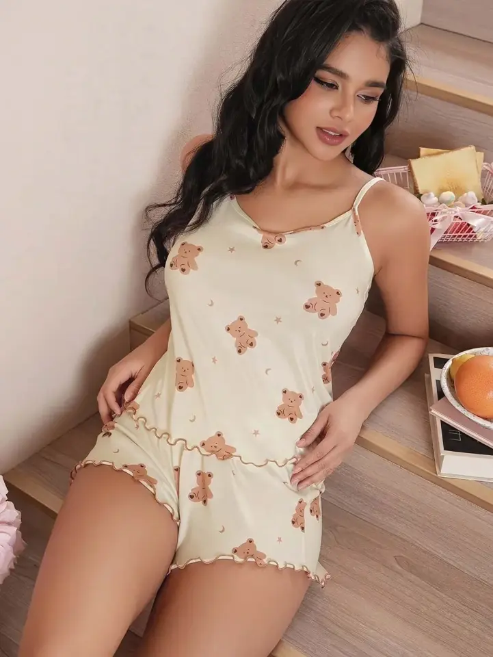 Morliva Kadın Bej Ayıcık Desenli Örme Yazlık Şort Takım 5199