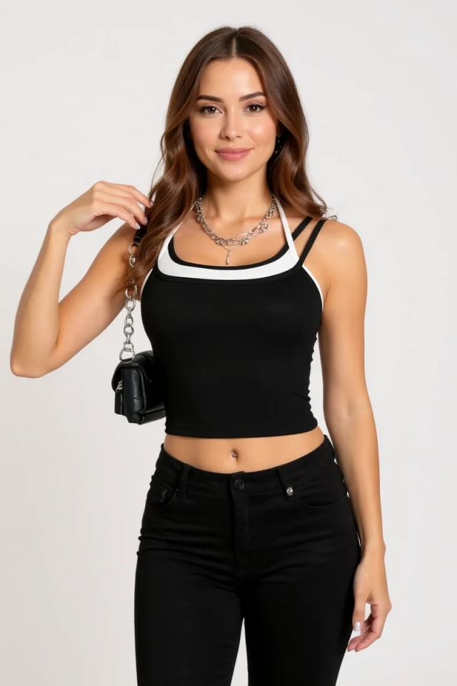 Kadın Beyaz Siyah Çift Renk Çapraz Askılı Crop Top Bluz – Şık, Rahat ve Kolay Kombinlenebilir