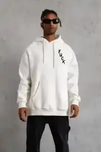 Erkek 3 İplik Pamuklu Kapüşonlu Baskılı Cepli Oversize Sweatshirt Hoodie - Beyaz