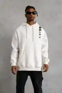Erkek 3 İplik Pamuklu Kapüşonlu Baskılı Cepli Oversize Sweatshirt Hoodie - Beyaz