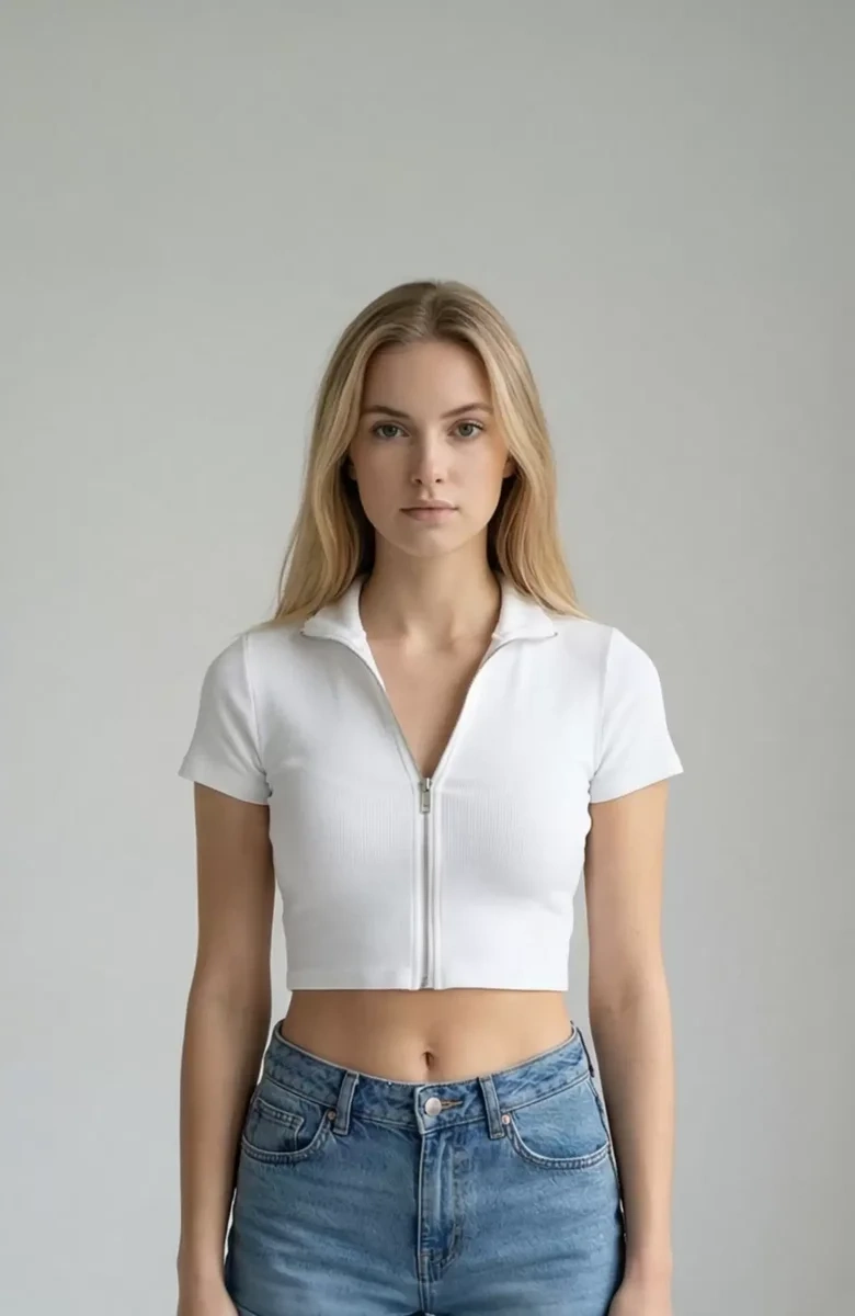 Kadın Beyaz Yarım Fermuarlı ve Kısa Kollu Crop Top Bluz – Şık, Rahat ve Kolay Kombinlenebilir