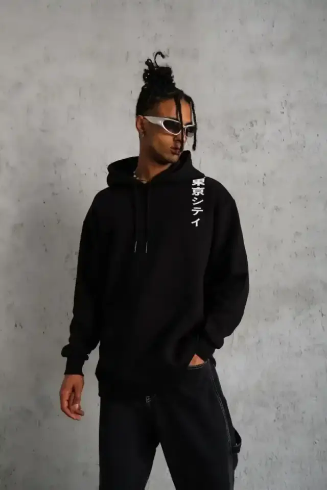 Erkek 3 İplik Pamuklu Kapüşonlu Baskılı Cepli Oversize Sweatshirt Hoodie - Siyah