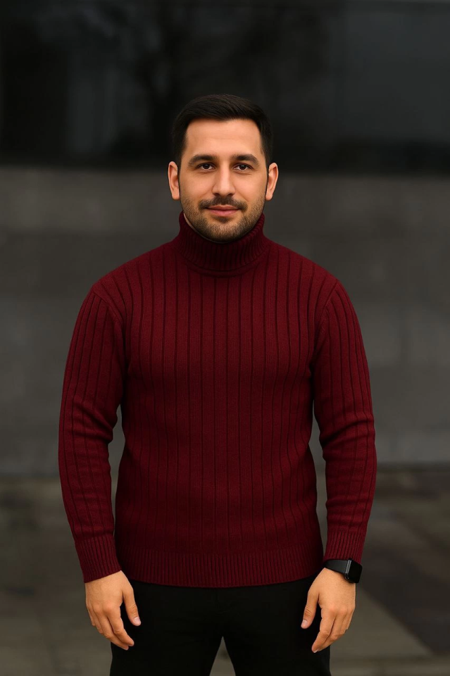 Erkek Balıkcı Yaka Bağazlı Triko Kazak Pamuklu Kalın Fitilli Dokuma, Regular Fit Uzun Kollu Kışlık Model - Bordo