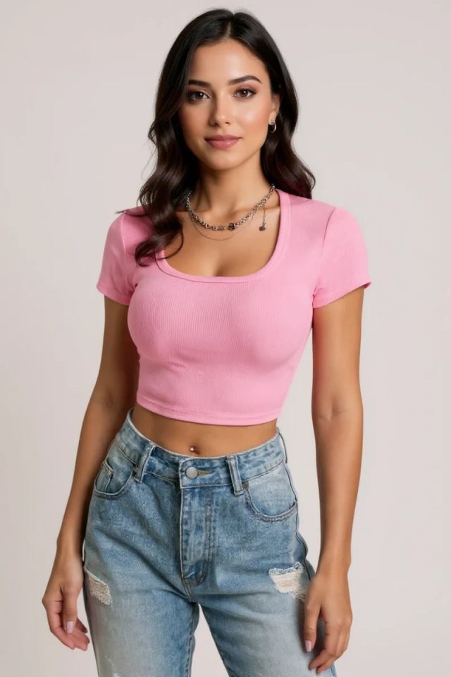 Kadın Pembe Yarım Kol Düz Yaka Crop Top Bluz – Şık, Rahat ve Kolay Kombinlenebilir