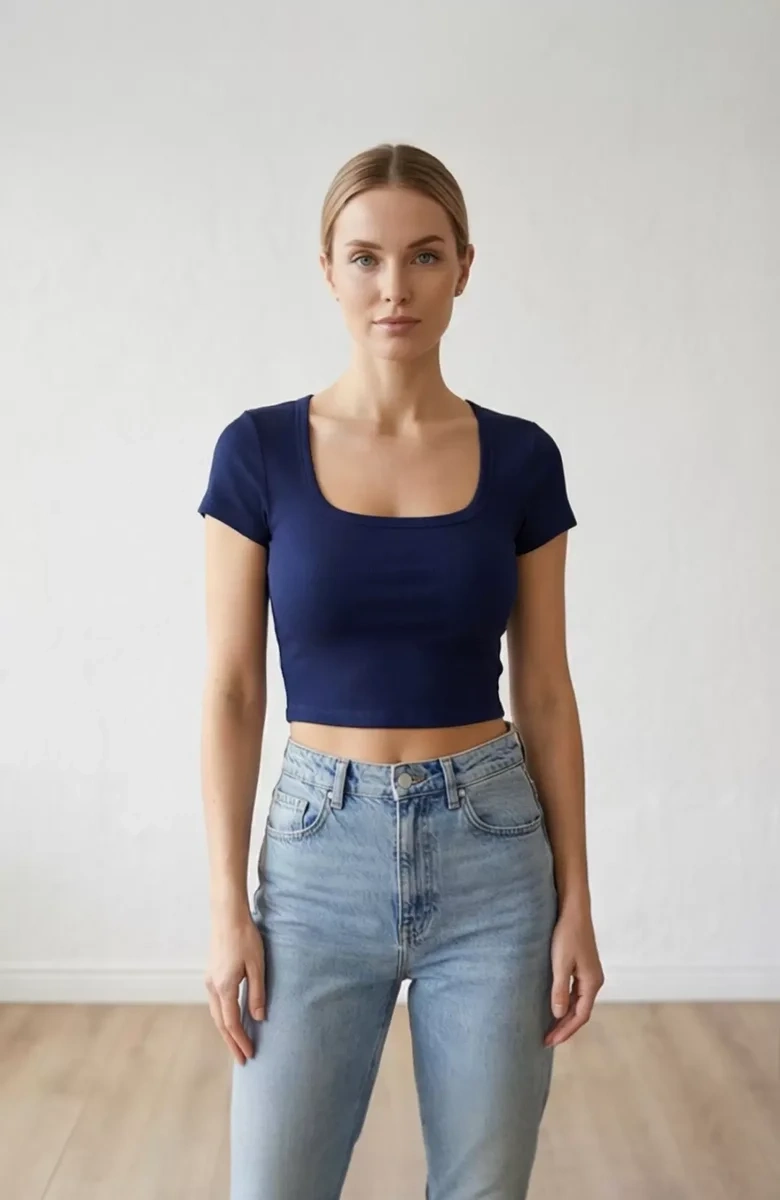 Kadın Lacivert Yarım Kol Düz Yaka Crop Top Bluz – Şık, Rahat ve Kolay Kombinlenebilir