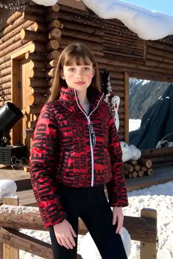 Kız Çocuk Kırmızı Parlak Yazılı Şişme Mont