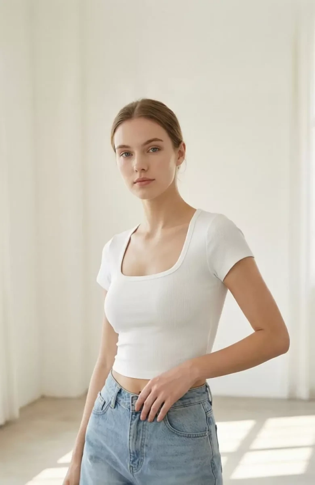 Kadın Beyaz Yarım Kol Düz Yaka Crop Top Bluz – Şık, Rahat ve Kolay Kombinlenebilir