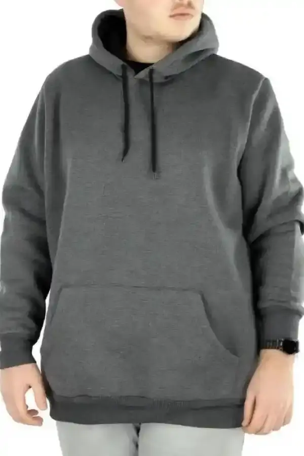 Erkek 3 İplik Pamuklu Kapüşonlu Cepli Oversize Hoodie Sweatshirt - Füme