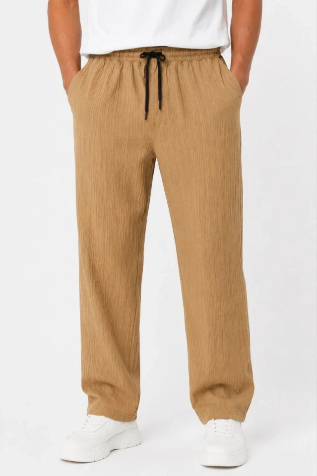 Erkek 2'li Bürümcük Kumaş Beli Lastikli Bağcıklı Bol Paça Pantolon - Beyaz/Vizon