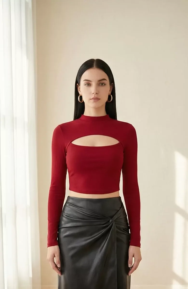 Kadın Bordo Göğüs Dekolteli Uzun Kollu Cut Out Crop Top Bluz – Şık, Rahat ve Kolay Kombinlenebilir