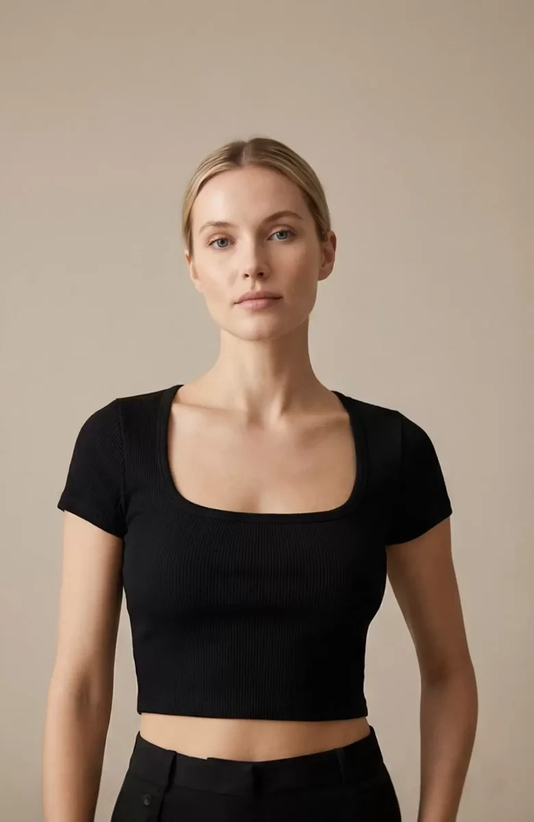 Kadın Siyah Yarım Kol Düz Yaka Crop Top Bluz – Şık, Rahat ve Kolay Kombinlenebilir