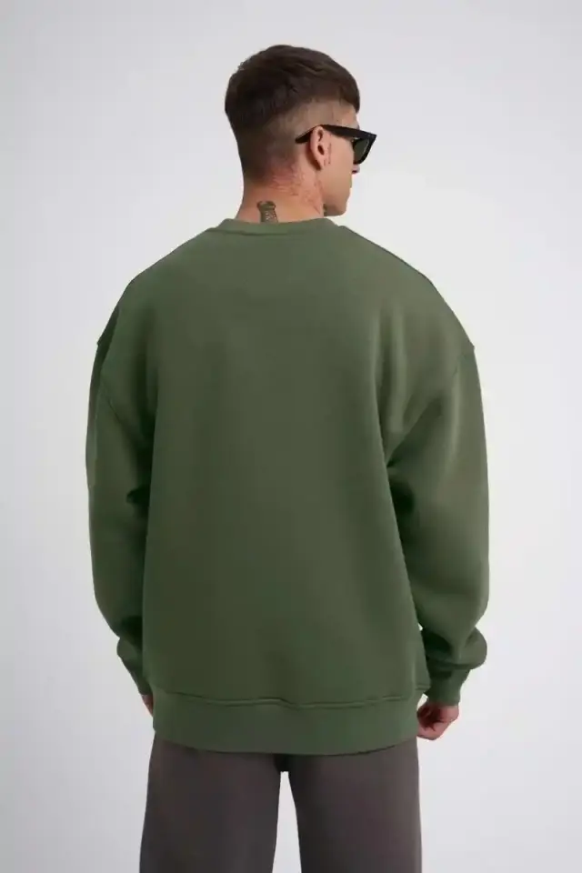 ERKEK Bisikilet Yaka 3 İplik Pamuklu SweatShirt - Haki
