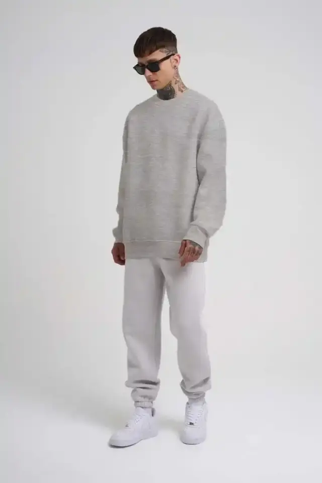 ERKEK Bisikilet Yaka 3 İplik Pamuklu SweatShirt - Gri
