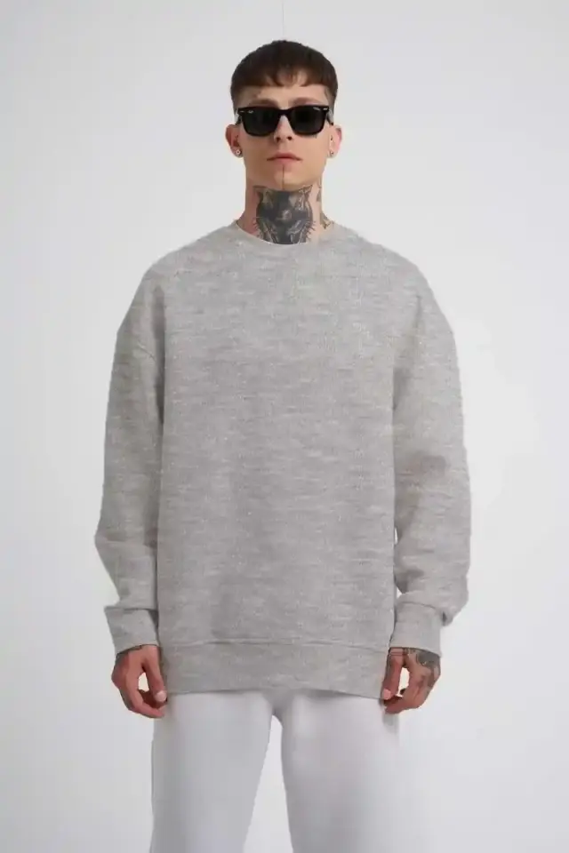 ERKEK Bisikilet Yaka 3 İplik Pamuklu SweatShirt - Gri