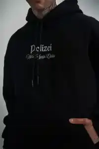 Erkek 3 İplik Pamuklu Kapüşonlu Baskılı Cepli Oversize Sweatshirt Hoodie - Siyah