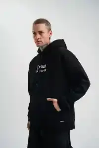 Erkek 3 İplik Pamuklu Kapüşonlu Baskılı Cepli Oversize Sweatshirt Hoodie - Siyah