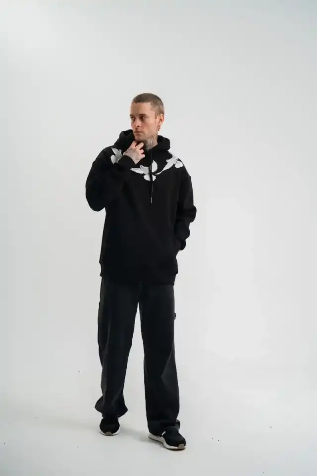 Erkek 3 İplik Pamuklu Kapüşonlu Baskılı Cepli Oversize Sweatshirt Hoodie - Siyah