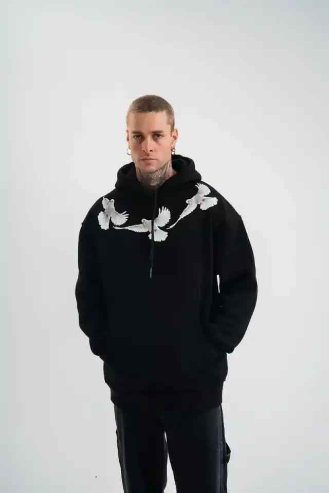 Erkek 3 İplik Pamuklu Kapüşonlu Baskılı Cepli Oversize Sweatshirt Hoodie - Siyah