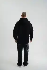 Erkek 3 İplik Pamuklu Oversize Kapüşonlu Nakışlı Hoodie SweatShirt - Siyah