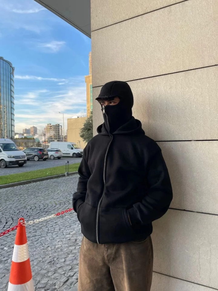 Samuray Ninja Çift Kapşonlu ZIP Fermuarlı Kanguru Çepli Tam Fermuarlı Hoodie Swetshirt - Siyah