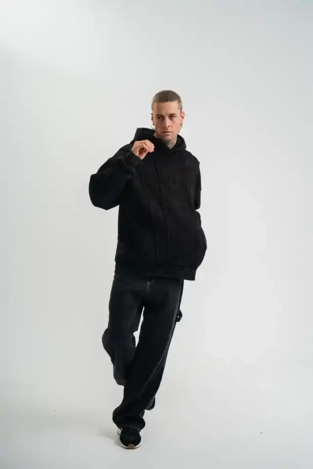 ERKEK 3 iplik Pamuklu Kapüşonlu Yıkamalı Nakışlı Hoodie SweatShirt - Siyah