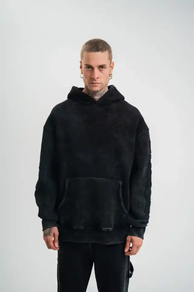 ERKEK 3 iplik Pamuklu Kapüşonlu Yıkamalı Nakışlı Hoodie SweatShirt - Siyah